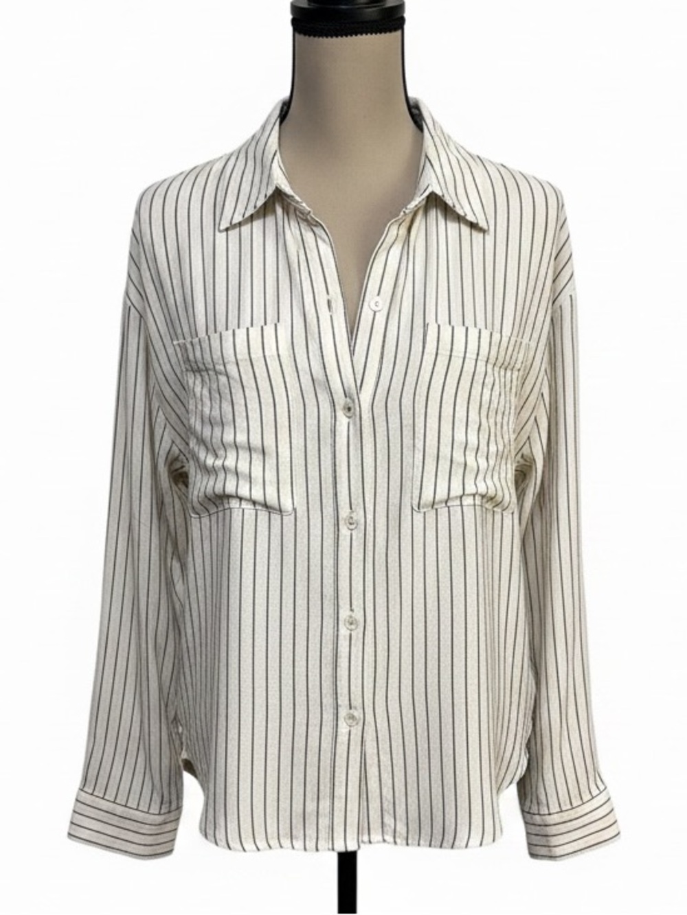 Allie Rose Ivory Gray Striped Linen Blend Button Down Shirt Size Medium - Picture 2 of 9